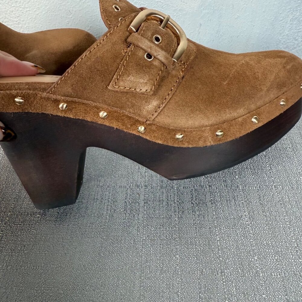 Madewell The Wes Buckle-Strap Clog Brown Suede Gold Studded Heels Platform 7 - Picture 16 of 16
